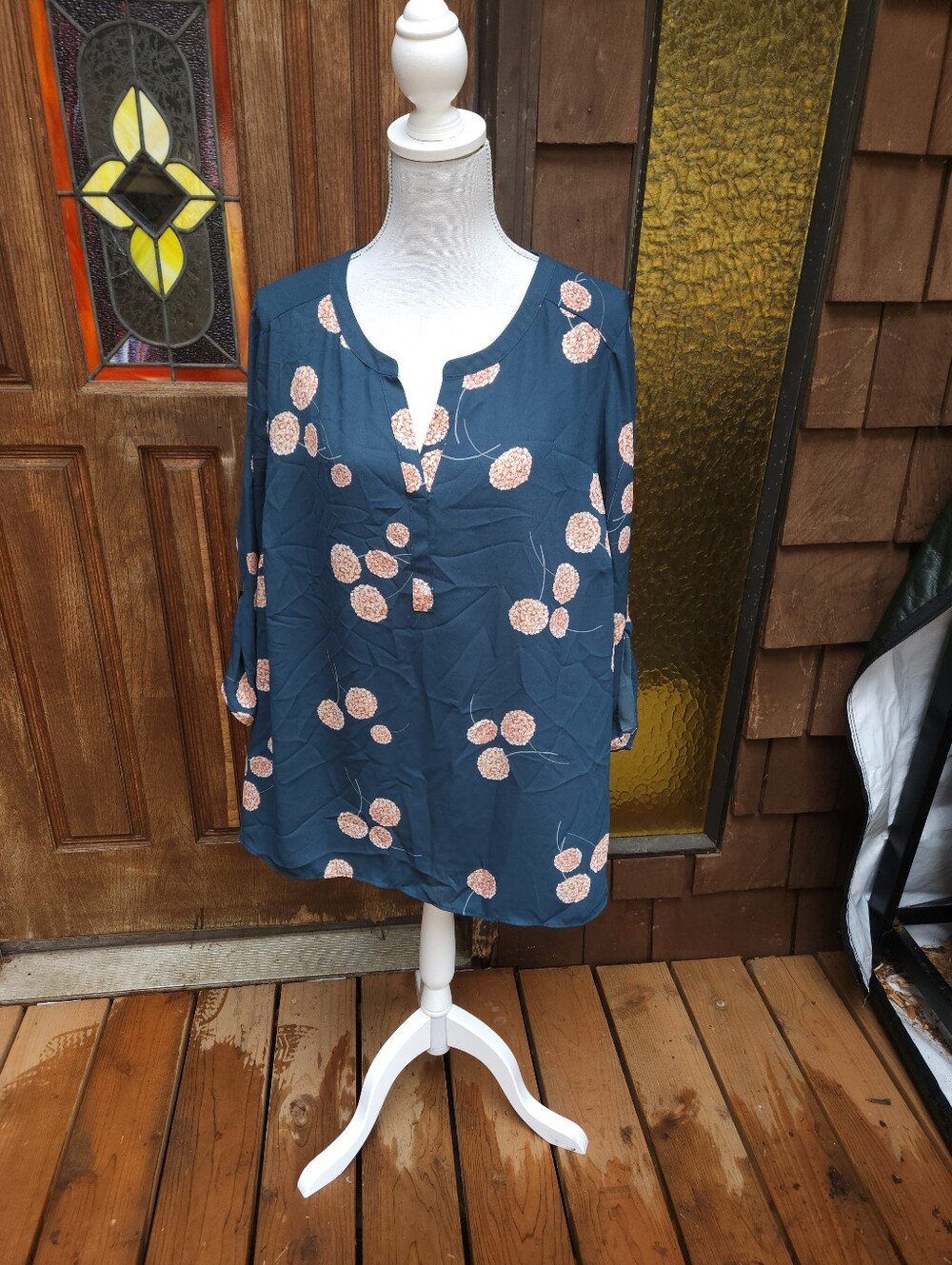 Daniel Rainn-size 3x-Women's Teal Floral Split-Neck Blouse